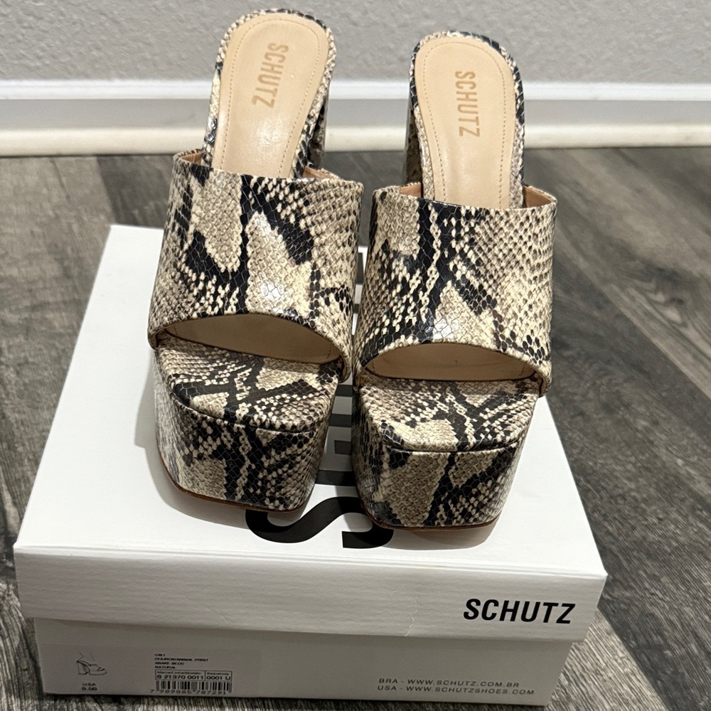 SCHUTZ Black and Cream Snake Print Platform Shoes